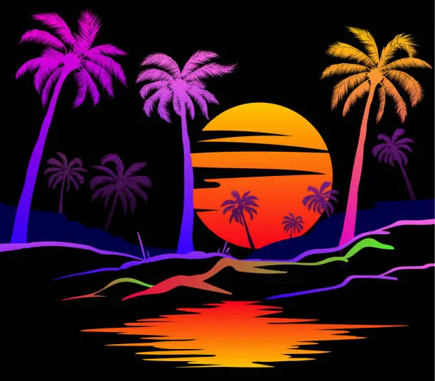 Vector illustration of Neon Color Palm Tree Landscape at Sunset