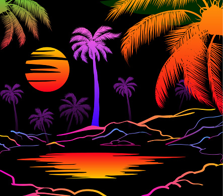 Vibrant neon hues illuminate a picturesque palm tree landscape against a captivating sunset backdrop, creating a mesmerizing fusion of nature's beauty and modern artistry.