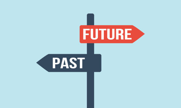 stockillustraties, clipart, cartoons en iconen met past future signpost. successful choice vector concept. different way or alternative illustration. opposite direction traffic sign. - het-verleden