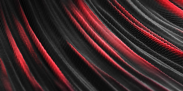 Futuristic technological wavy motion background, rippled curved flowing pattern, with square shape particulars. 3d illustration. Black and red colors