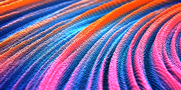 Colorful wavy motion background, rippled curved flowing pattern, with square shape particulars. 3d illustration.