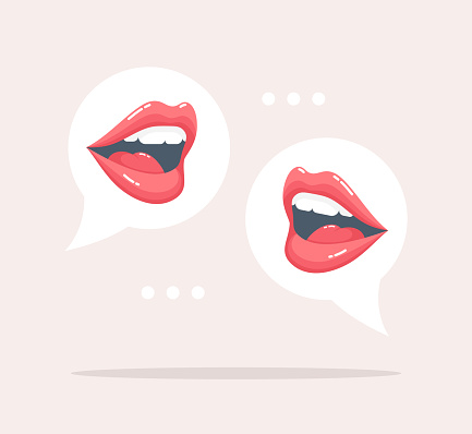 Talking female mouths in speech bubbles on a beige background. Flat vector illustration