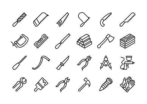 Woodworking tools line icon set. Group of object.
