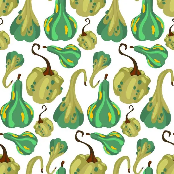 Vector illustration of Vector seamless pattern of multicolored green and yellow pumpkins in a flat style on a white background. Perfect for autumn seasonal wrapping paper, screensavers, textiles, Halloween cards, wallpaper