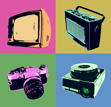 Posterised or Pop Art styled Electronic Equipment from the 1960’s 0r 1970’s. Retro Style, old-fashioned,
