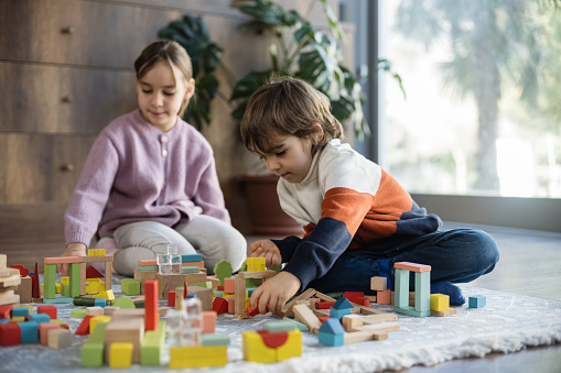 children playing with toy blocks at home together