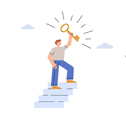 Businessman climbs to the top of the ladder, raising the golden key of success into the sky. Stairway to find the secret key to business success. Career goal achievement concept. Vector