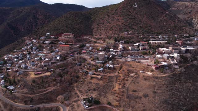 Jerome, Arizona USA. Aerial View of Hillside Buildings in Old Mining Town, Drone Shot