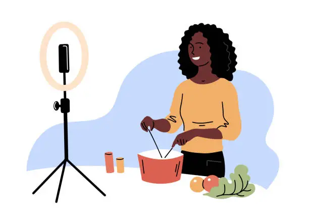 Vector illustration of A woman blogger prepares a dish live