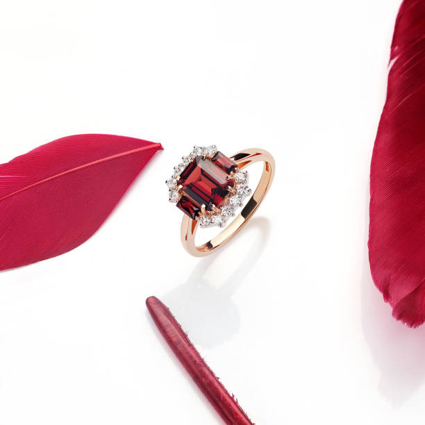 Elegant jewelry set. Jewellery set with gemstones. Jewelry accessories collage. Product still life concept. Ring, necklace and earrings. stock photo