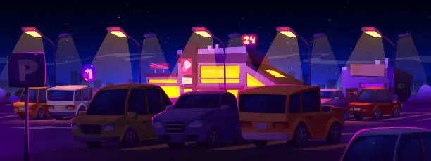 Vector illustration of Night car parking on cityscape background