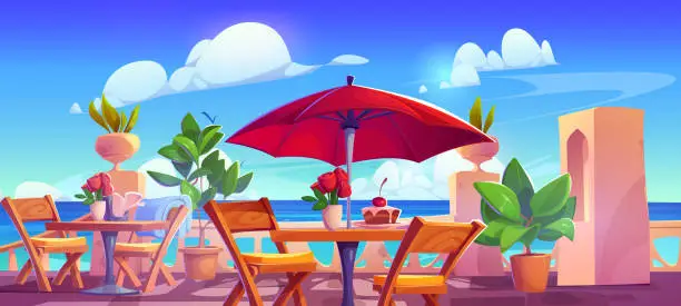 Vector illustration of Summer outside cafe on terrace on sea beach