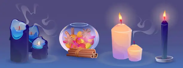 Vector illustration of Blue romantic aroma candles and scent diffuser.