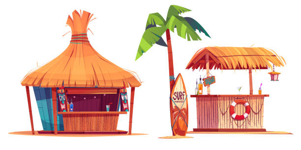 Summer beach bars isolated on white background Summer beach bars isolated on white background. Vector cartoon illustration of African pub decorated with tiki mask, Hawaiian cafe with alcohol cocktails on counter, surfing board under palm tree hawaii restaurant stock illustrations