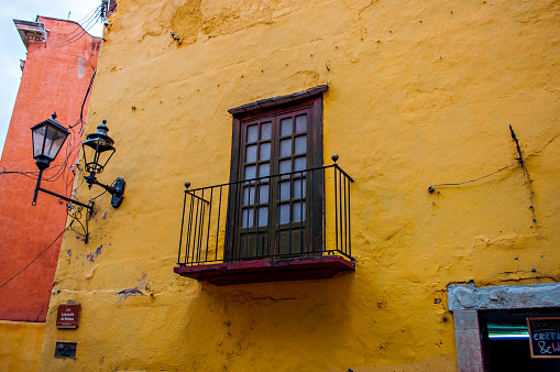 old colonial house with window in Guanajuato Mexico