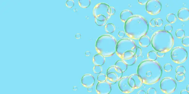 Vector illustration of Transparent liquid forms water drops soap bubble.