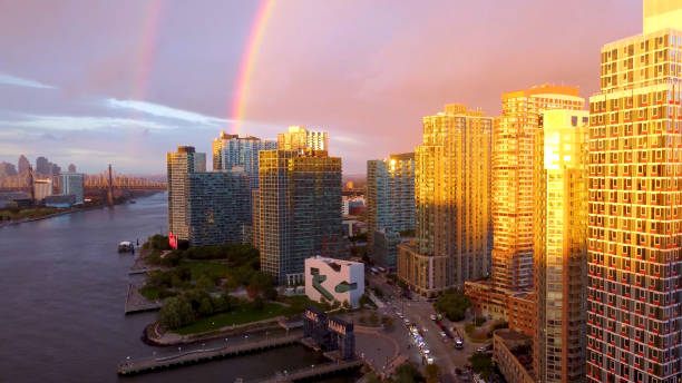 Double Rainbow During Sunset Over Long Island City Queens, New York
