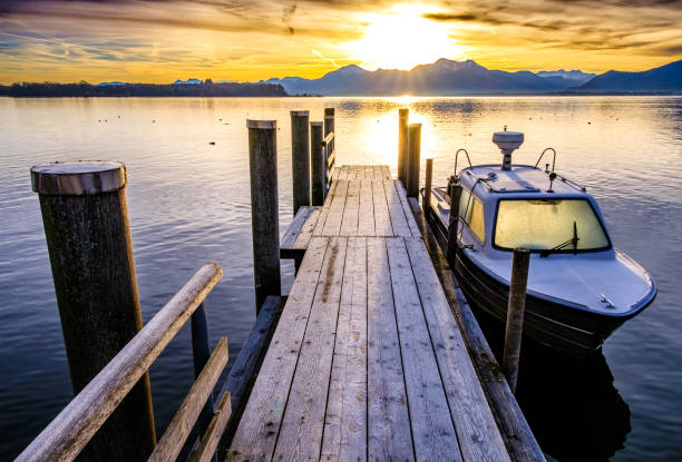 jetty at the chiemsee lake in bavaria - prien am chiemsee