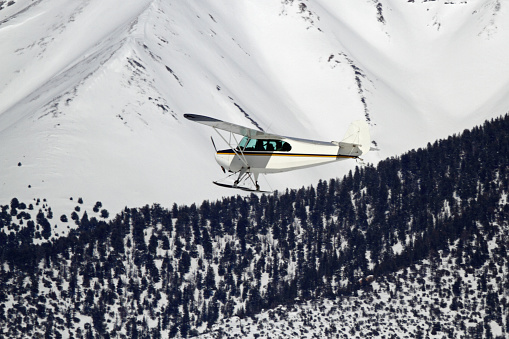 Small flightseeing plane landing on a snow field in the Alaskan wilderness on a sunny day.