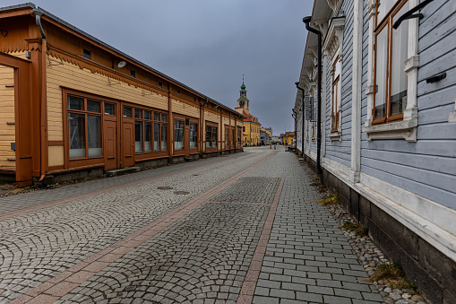 Rauma, Finland -  main street of old town wooden buildings district.