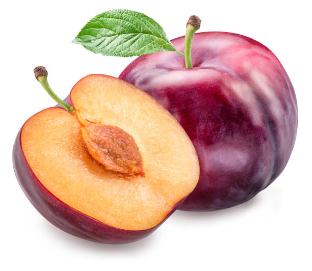 istock Ripe chinese plum or japanese plum with leaf on white background. Clipping path. 2130501973