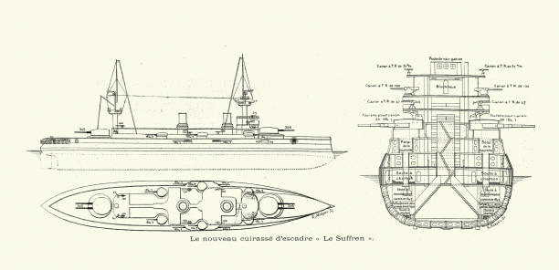 Vintage picture, French Navy battleship Suffren, plan and cross section, Naval military history, 1890s 19th Century