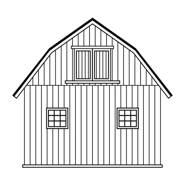 Vector illustration of Black white simple monochrome line wooden barn or house in Denmark, Norway or Sweden. Isolated vector Scandinavian illustration on white background for coloring book