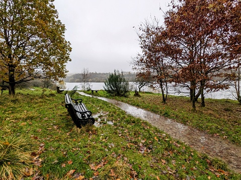 Walking around Watergrove reservoir near Rochdale and Whitworth. Taken on an absolutely soaking wet day in November, this reservoir still looks stunning in any weather. The scenery is real traditional English looking with muddy paths and wet vistas.