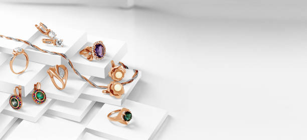 Elegant jewelry set. Jewellery set with gemstones. Jewelry accessories collage. Product still life concept. Ring, necklace and earrings. stock photo