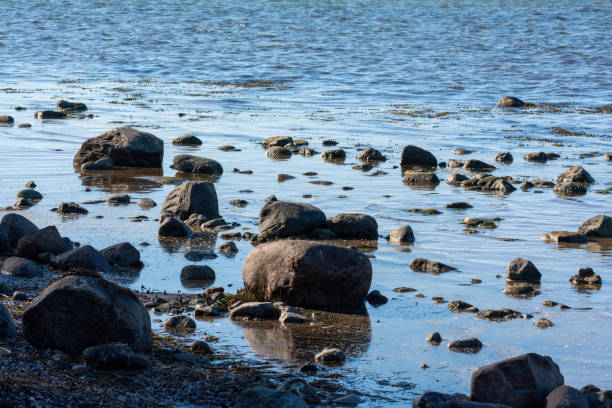 Big rock with stones lie in the water on the coast of the Baltic Sea