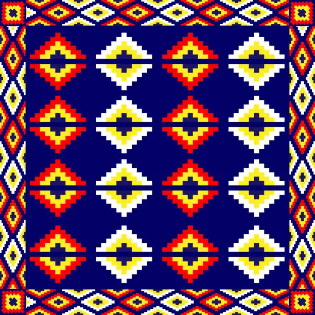 Photo of Ikat tribal Indian seamless pattern. Ethnic Aztec fabric carpet mandala ornament native boho chevron textile.Geometric African American oriental tranditional vector illustrations. Embroidery style.