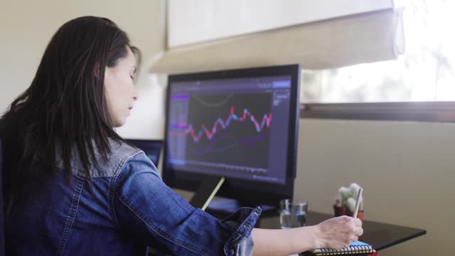 Trader business woman studying stock market investment at home. Finance and strategy concept
