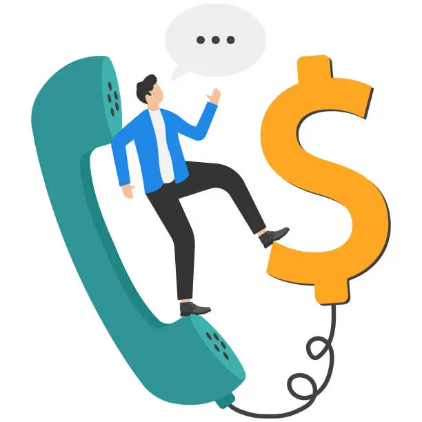 Vector illustration of Confidence salesman standing with telephone connected to money dollar sign. Telemarketing or telesales, phone call for selling product or business deal via telephone call, insurance agent concept.