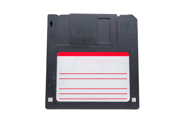istock Black floppy disk drive with white red striped etiquette close up. 2130647448
