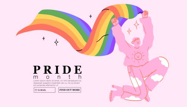 wesoła postać z tęczową flagą lgbtq świętować miesiąc dumy lub dzień wektor płaska ilustracja. baner lub post w mediach spo�łecznościowych wsparcia dla festiwalu lub wydarzenia lgbtq, kartka z życzeniami na różowym tle - gay pride flag image lesbian homosexual stock illustrations