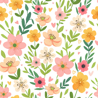 Spring flowers on white background. Vector Seamless Pattern. Hand drawn illustration.