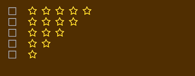 Gold, gray five stars shape on a brown background. Rating stars with tick. Feedback evaluation. Rank quality. Check boxes