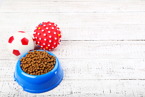 Dry pet food in bowl with toy balls on white wooden table