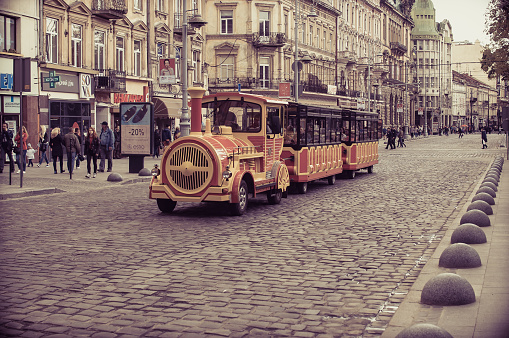 Tourist train on the street in Lviv, Ukraine