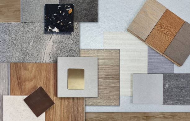 istock close up view of composition of interior material samples including granite tiles, terrazzo, wooden vinyl flooring tiles, stainless, quartz, wallpaper, wooden engineering floor tiles palette. 2130729655