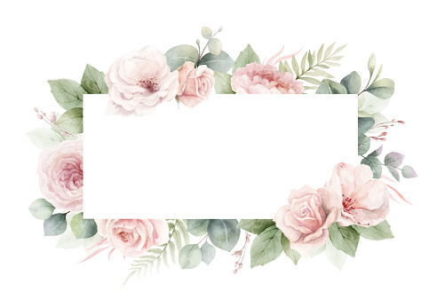 Dusty pink roses flowers and eucalyptus leaves.  Watercolor vector rectangular floral frame. Wedding stationary, greetings, wallpapers, fashion, home decoration. Hand painted illustration.