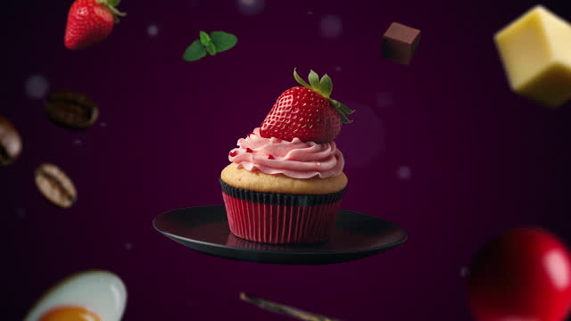 Strawberry cupcake Animation intro for advertising or marketing on dark purple backgroun for restaurants with the ingredients of the dessert flying in the air - add price or sale