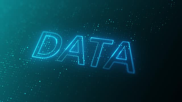 Data text.Abstract digital flow particles. Cyber network connection background. Big data visualization. Technology backdrop. 3d rendering.