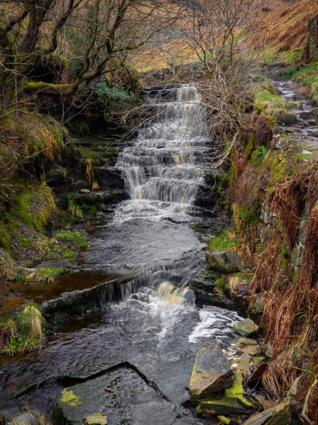 istock Mountain river in England, dreamy scenery, moss-covered stones and beautiful waterfall in the forest. Sunny creek in spring cloudy Yorkshire evening. small cascade surrounded by moss and autumn leaves 2130777579