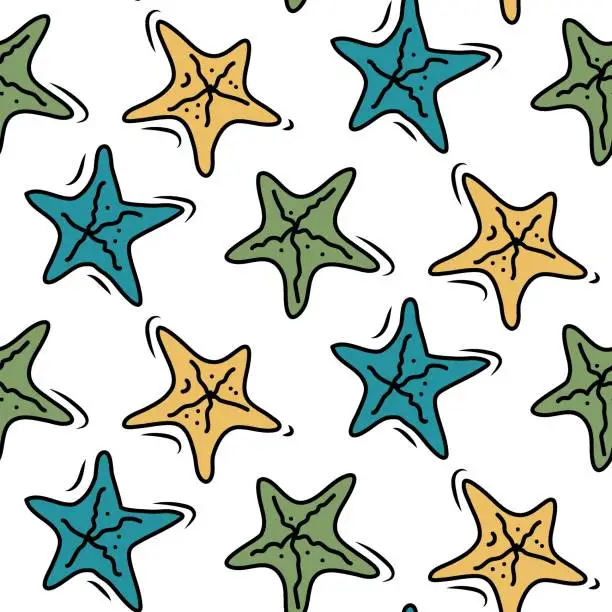 Vector illustration of Doodle summer seamless pattern with scattered abstract silhouettes starfishes. Cute background on marine theme for invitation, kids apparel. Vector colorful hand drawn illustration