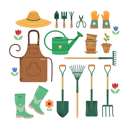 Garden tools: shovel, rake, scissors. Gardener's uniform: apron, wide-brimmed straw hat, high rubber boots, rubber gloves, seedlings in pots. Vector illustration on white isolated background.