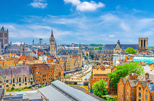 Ghent cityscape, aerial view of Ghent historical city centre, traditional buildings on Lys Leie river Grass Quay, Gent skyline horizon, panorama of Gent old town, East Flanders province, Belgium