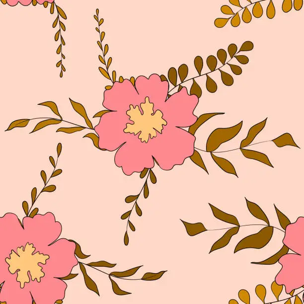 Vector illustration of Seamless floral pattern based on traditional folk art ornaments. Colorful flowers on color background. Scandinavian style. Sweden nordic style. Vector illustration. Simple minimalistic pattern