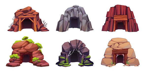 Cave entrances. Mountain doors in mines, mineral extraction, holes in stones, cliffs and hills. Abandoned caverns with moss and cobwebs, landscape cartoon isolated illustration tidy vector tunnels set