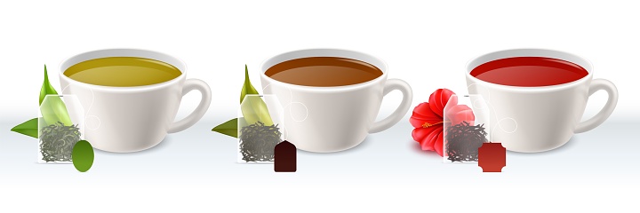 Tea types. Green black and hibiscus hot natural beverages. Fresh leaves and teabags, realistic white cups with liquid different colors. Ceylon and sencha. Porcelain utensil. Vector 3d isolated set